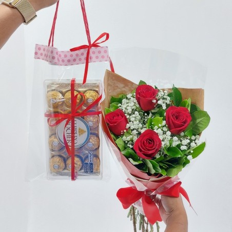 Amor e Doçura: Buquê 4 Rosas e Ferrero