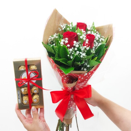 Buquê Kraft 3 Rosas Vermelhas Ferrero Rocher: Amor, Doçura e Elegância